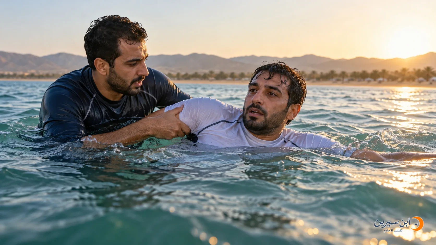 شخص يساعد رجلًا على النجاة في البحر