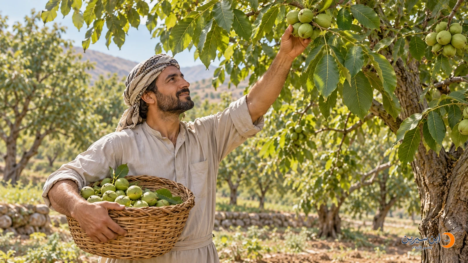 رجل يقطف الجوز الأخضر من شجرة في بستان