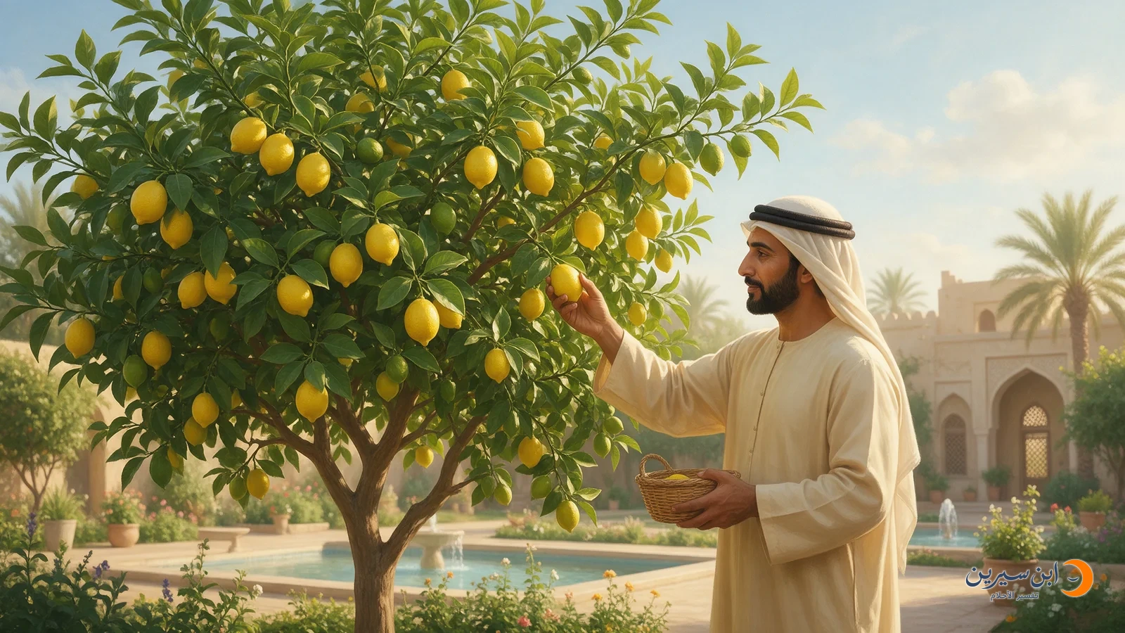 رجل يقطف ثمرة صفراء من شجرة ليمون ويحمل سلة