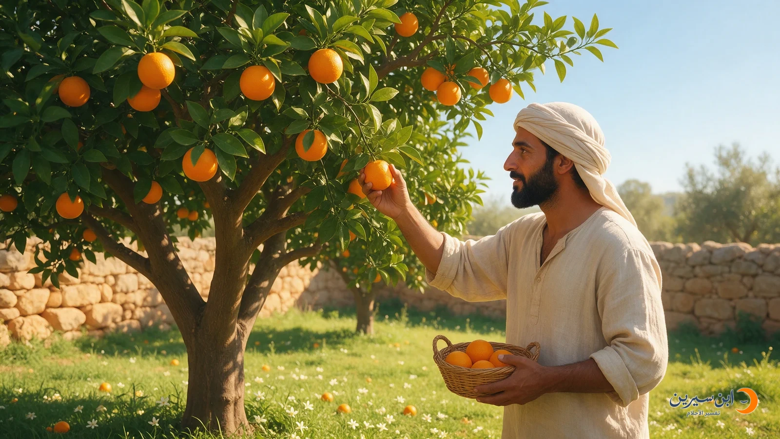 مزارع عربي يقطف برتقالة من غصن ويحمل سلة برتقال