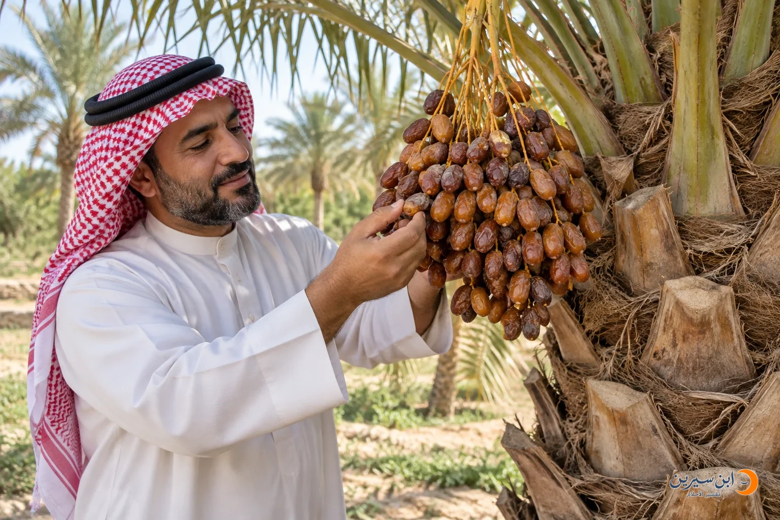 رجل يقطف التمر من عذق نخلة