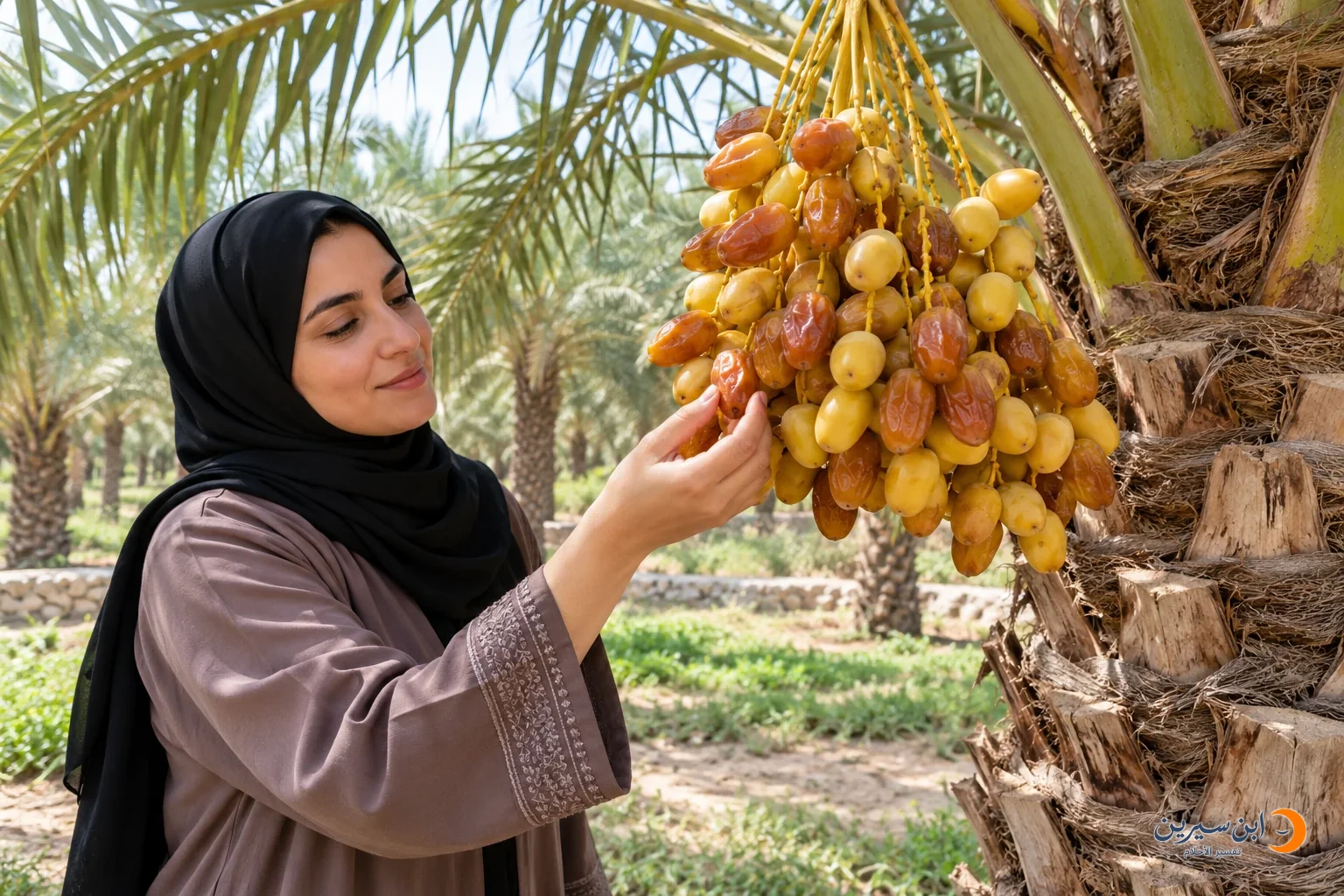 امرأة تقطف رطبًا من عذق نخلة منخفض