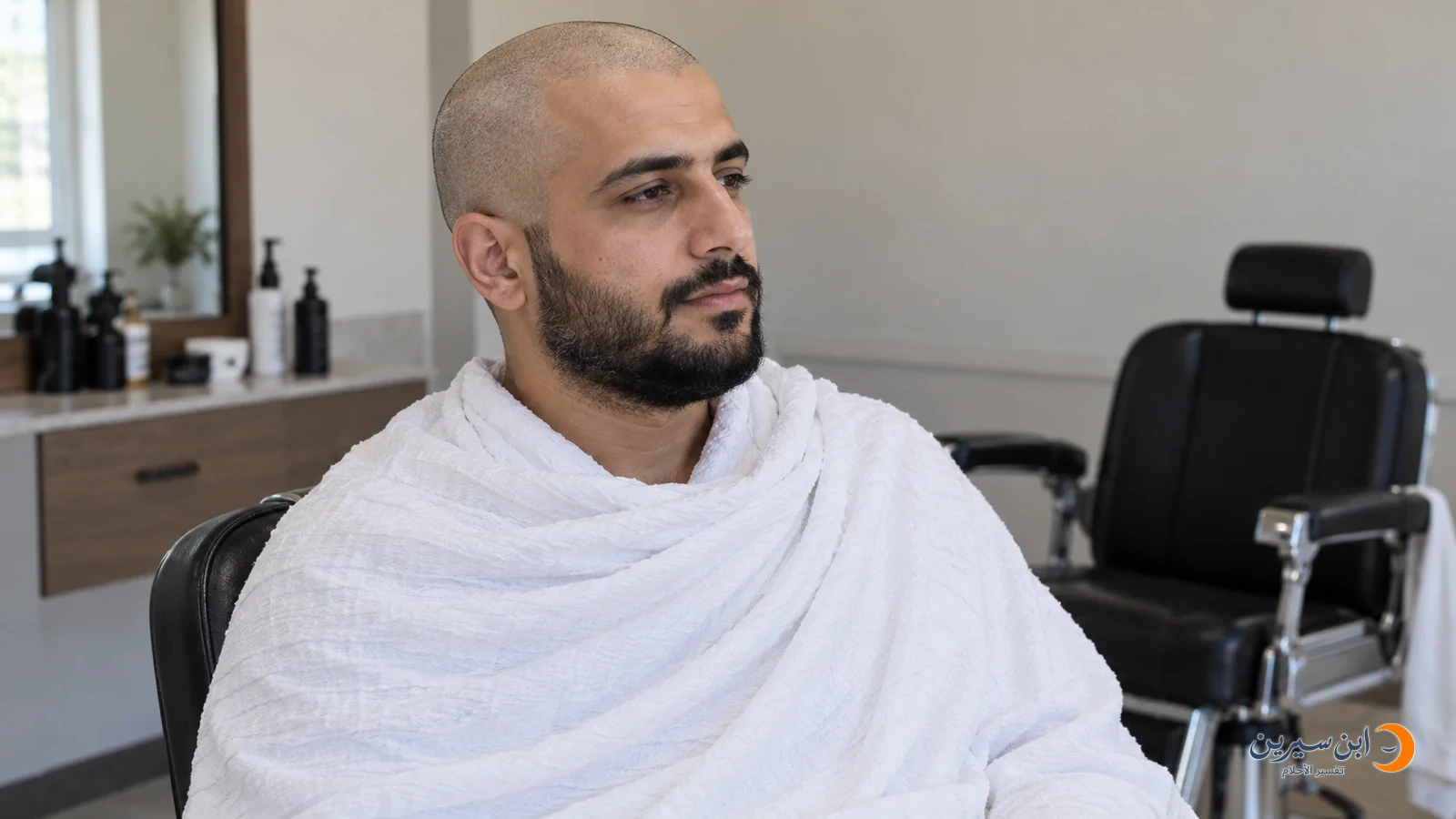 حاج بملابس الإحرام ورأس محلوق