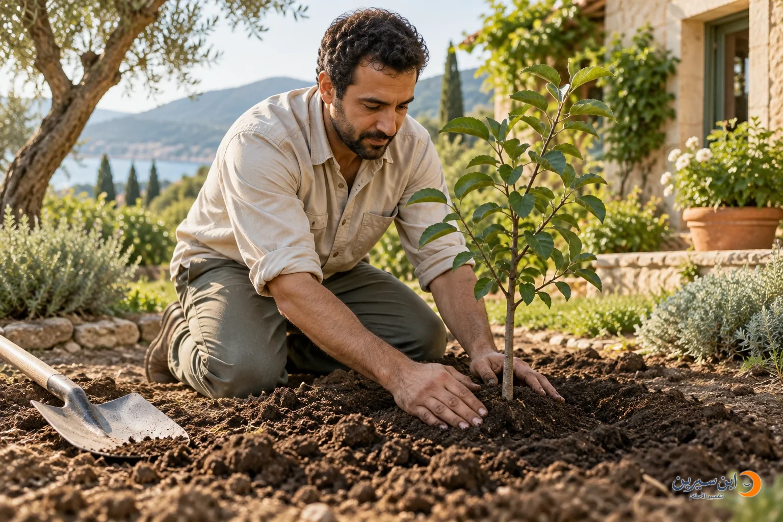 رجل يجثو على الأرض ويثبت التراب حول شتلة تفاح صغيرة في الحديقة