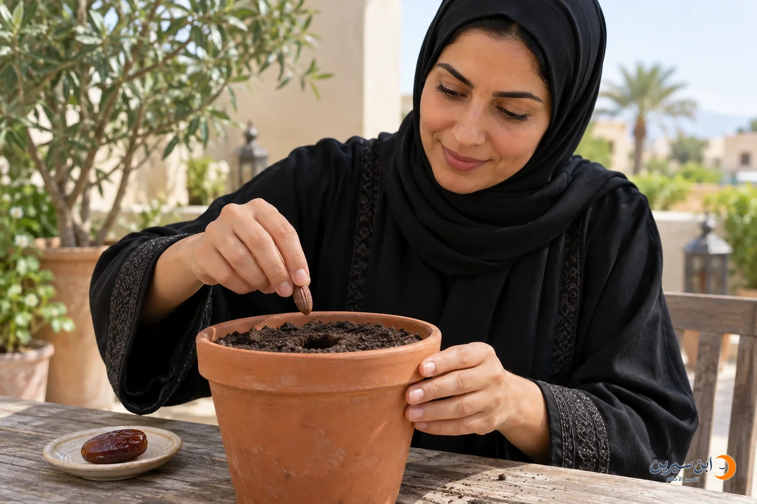 امرأة تغرس نواة تمر في أصيص