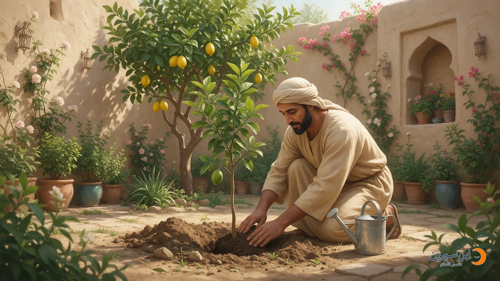رجل يغرس شتلة ليمون في التربة بجوار إبريق سقي