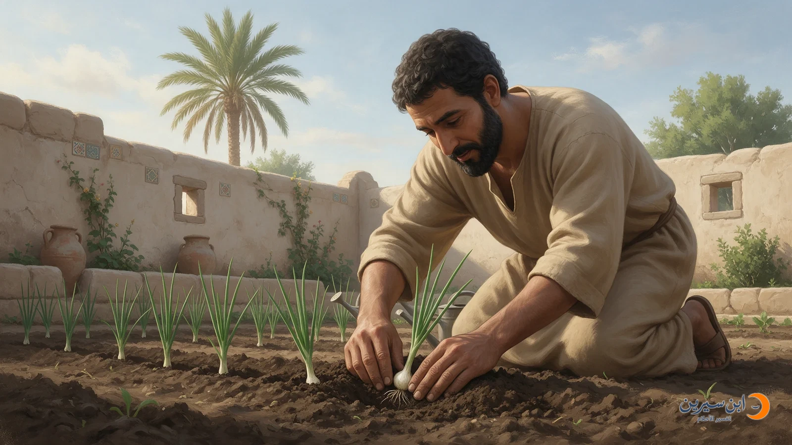 رجل يغرس بصلًا أخضر في صفوف بالتربة