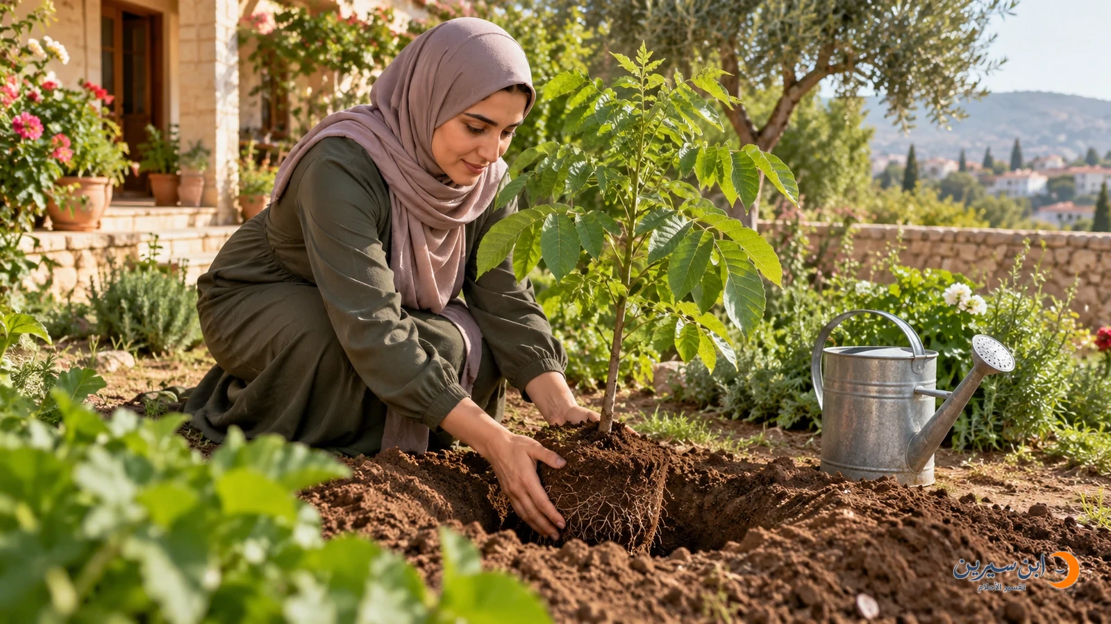 امرأة تغرس شتلة جوز في حديقة المنزل