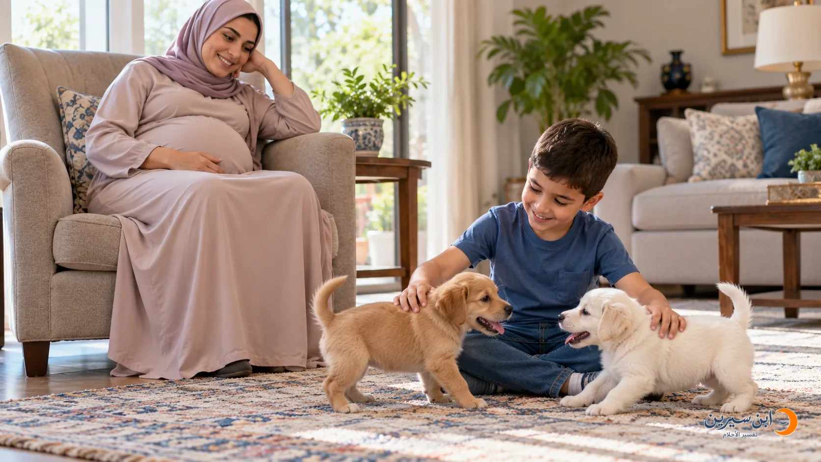 امرأة حامل تراقب ابنها السعيد وهو يلعب مع جروين صغيرين في المنزل