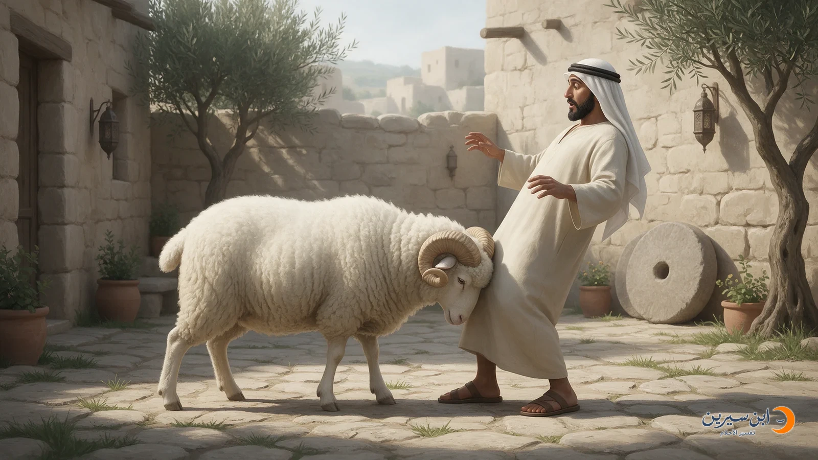 كبش يخفض رأسه ويلامس بقرنيه جذع رجل متراجع