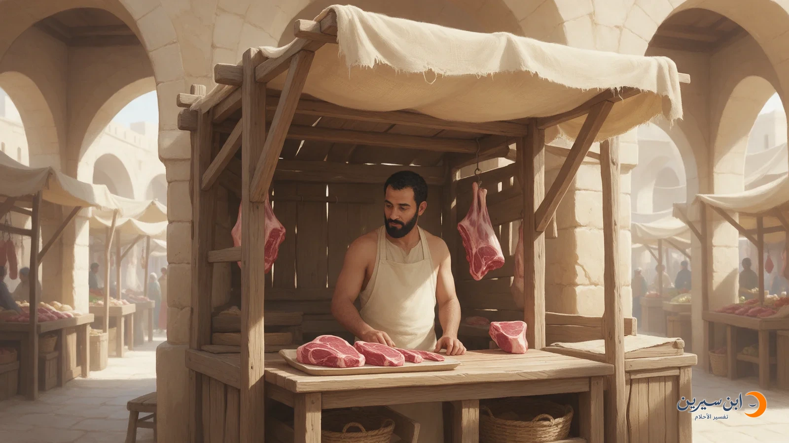 جزار يقف خلف طاولة عليها قطع لحم بقري نيئ