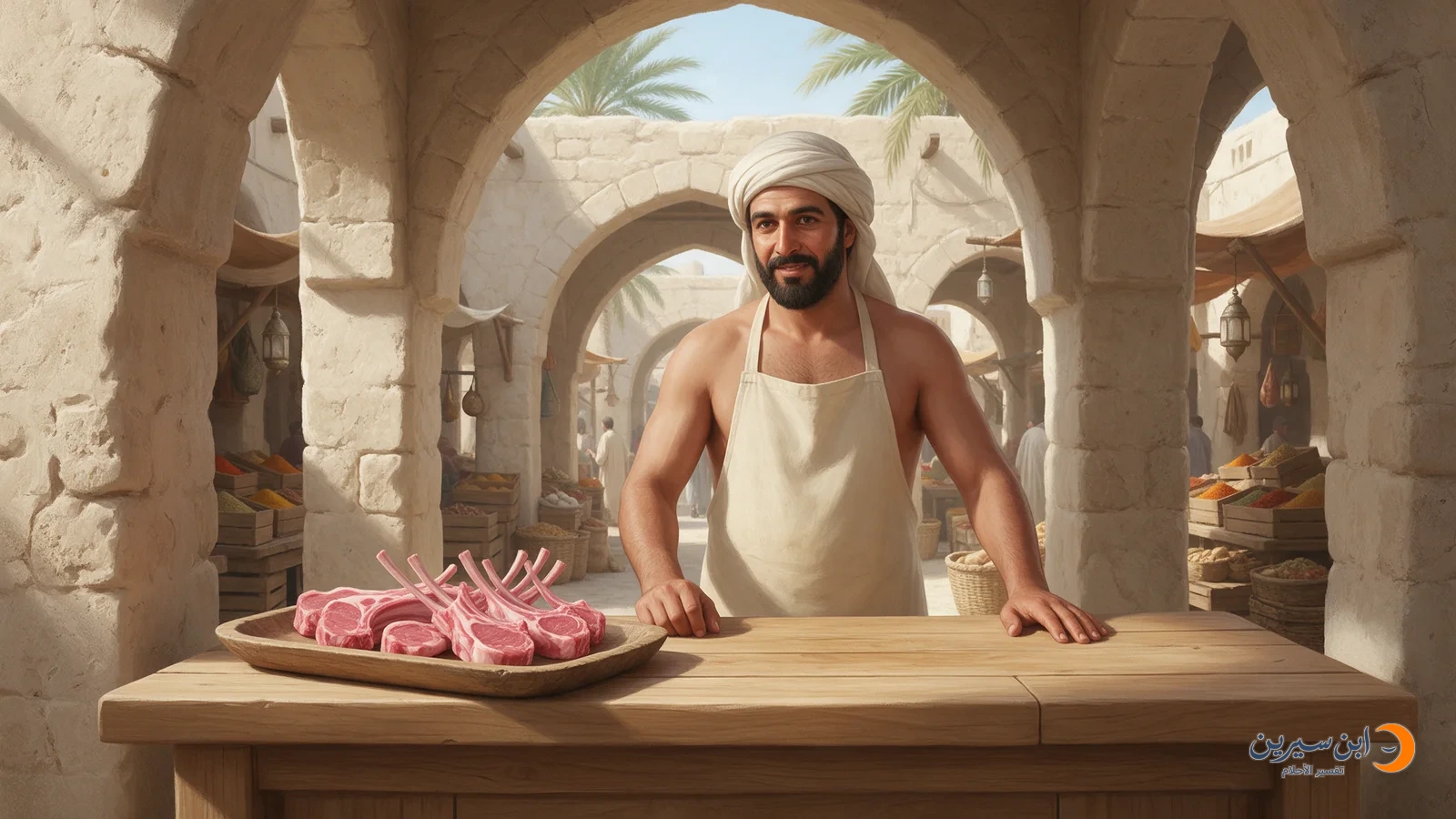 جزار يعرض قطع لحم خروف نيئ على صينية في سوق