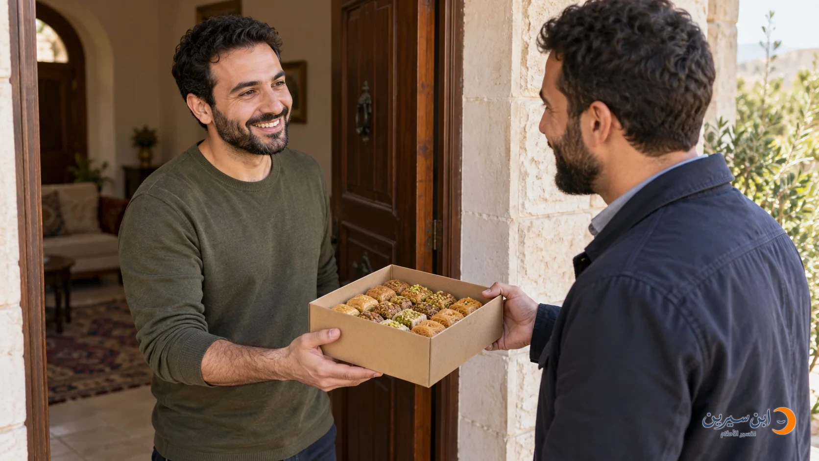 رجل يتلقى علبة حلويات من شخص يعرفه عند باب البيت