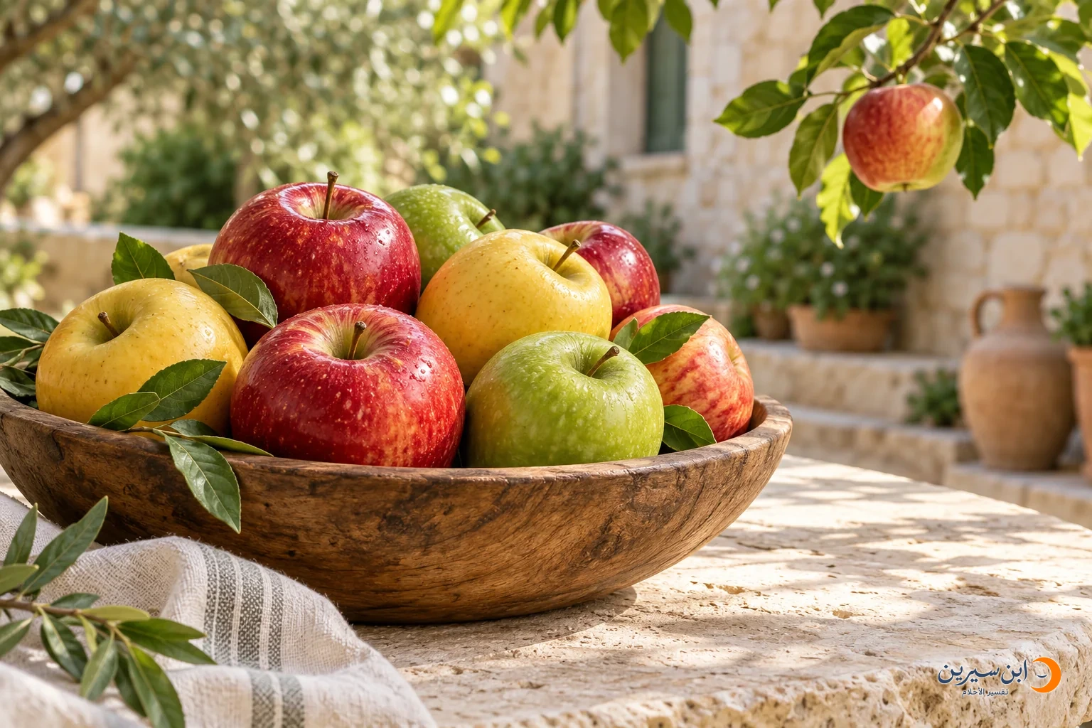 وعاء خشبي يحوي تفاحًا أحمر وأخضر وأصفر على طاولة في فناء مضاء بالشمس