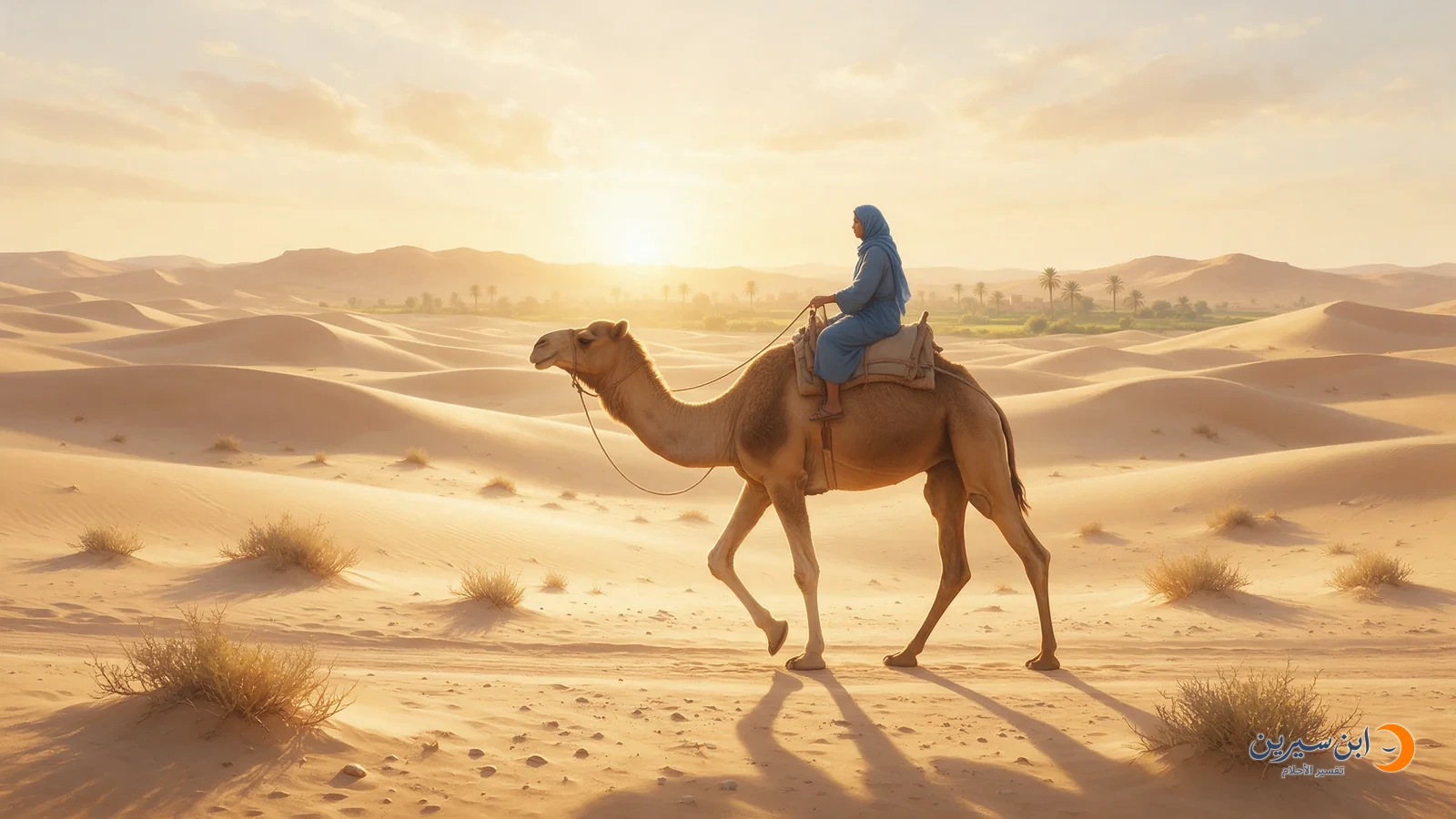 امرأة تركب جملًا وتسير به على طريق في الصحراء