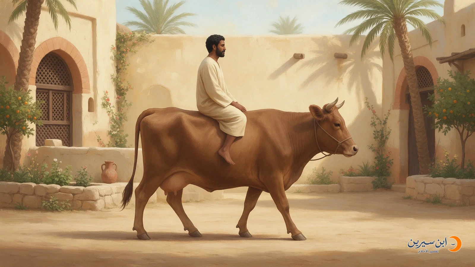 رجل يركب بقرة بنية في طريق بجانب البيوت