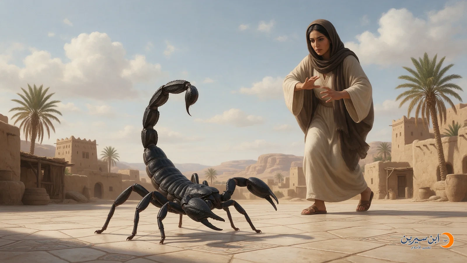 عقرب أسود أمام امرأة تتراجع وترفع يديها