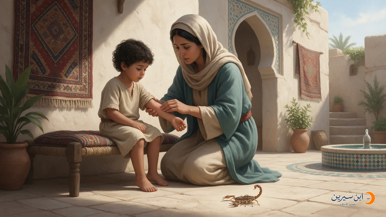 أم تتفقد ساعد طفلها وبجوارهما عقرب على الأرض