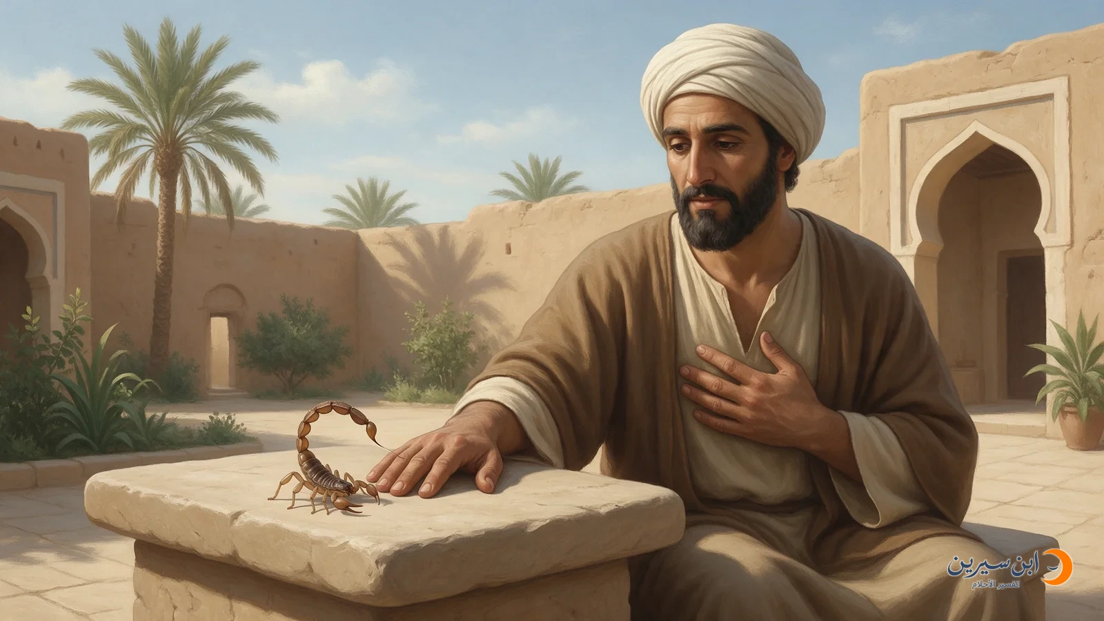 إبرة ذيل عقرب تلامس يد رجل جالس على مقعد