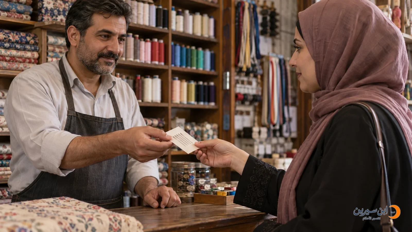 امرأة تشتري إبر خياطة من متجر أدوات خياطة