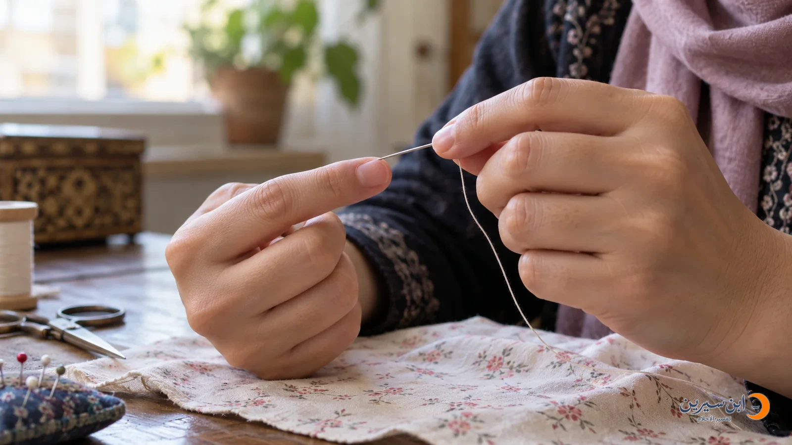 وخزة إبرة خياطة لطرف إصبع أثناء خياطة قماش دون دم