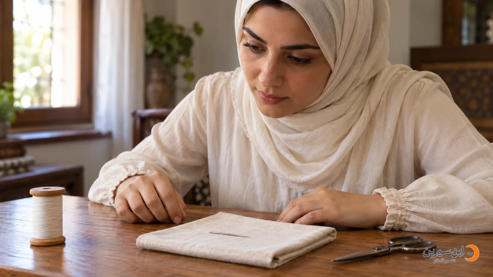 امرأة تنظر إلى إبرة خياطة وأدوات خياطة على طاولة