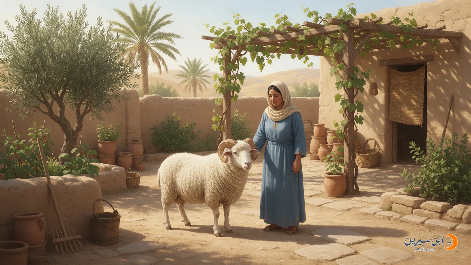 خروف أبيض ذو قرنين يقف بجوار امرأة في فناء