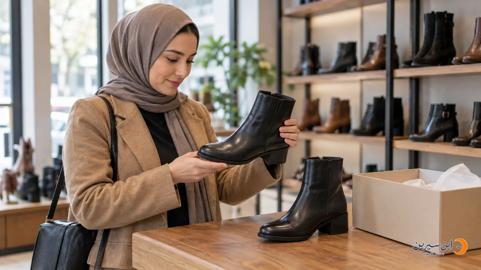 امرأة تختار جزمة سوداء من متجر أحذية