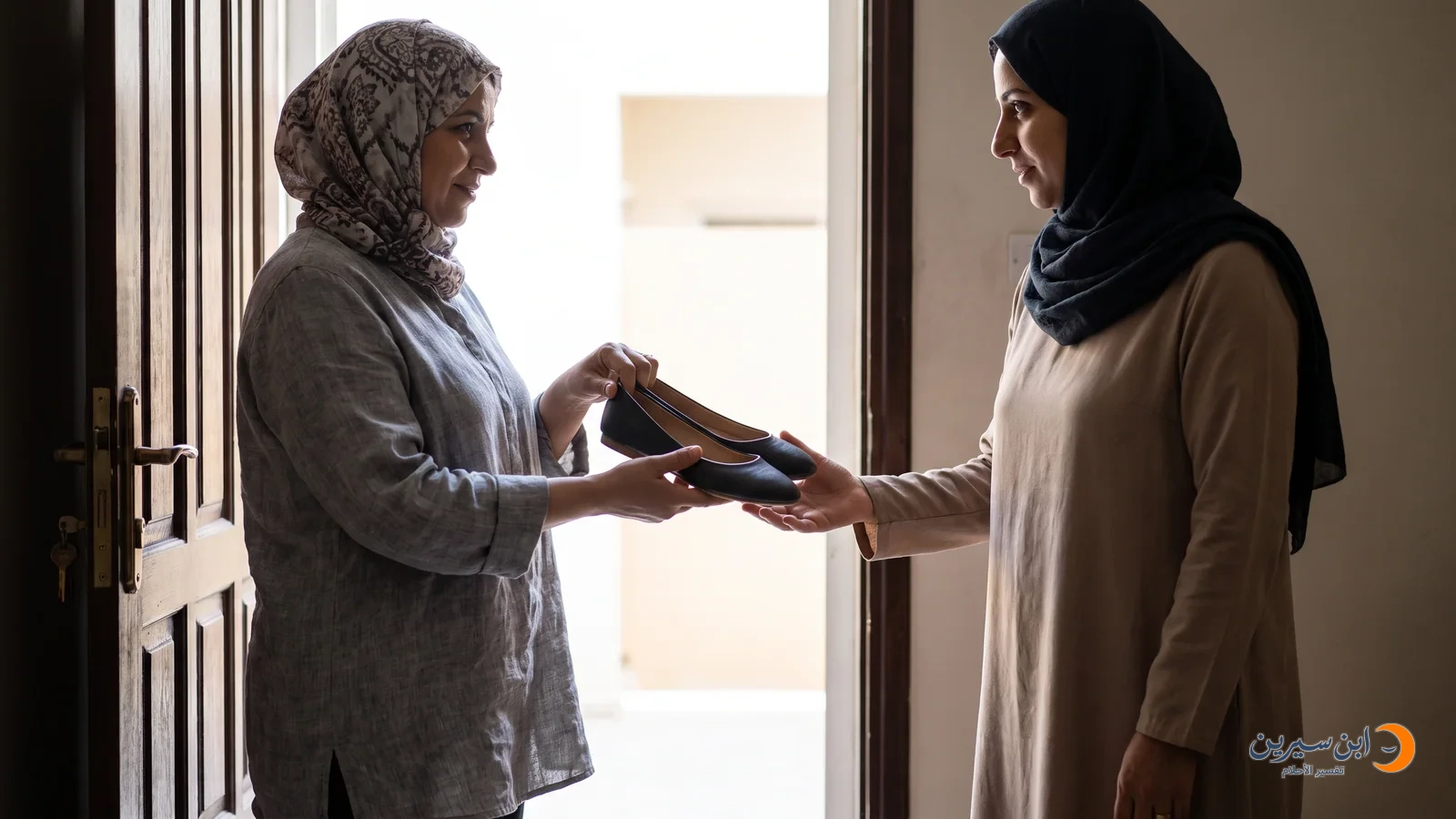امرأة تعطي حذاءً لامرأة أخرى عند باب المنزل