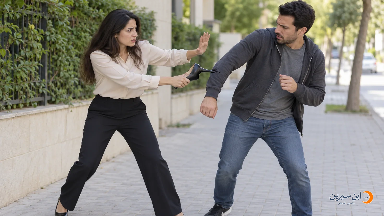 امرأة تدفع رجلًا يضايقها بضربة كعب حذاء على ذراعه في مشهد تمثيلي