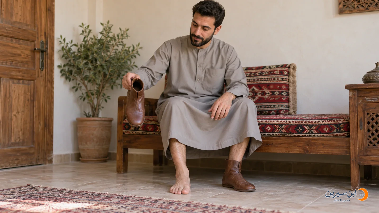 رجل بعد خلع خف من قدمه، يحمله بيده والقدم الأخرى ما زالت ترتديه