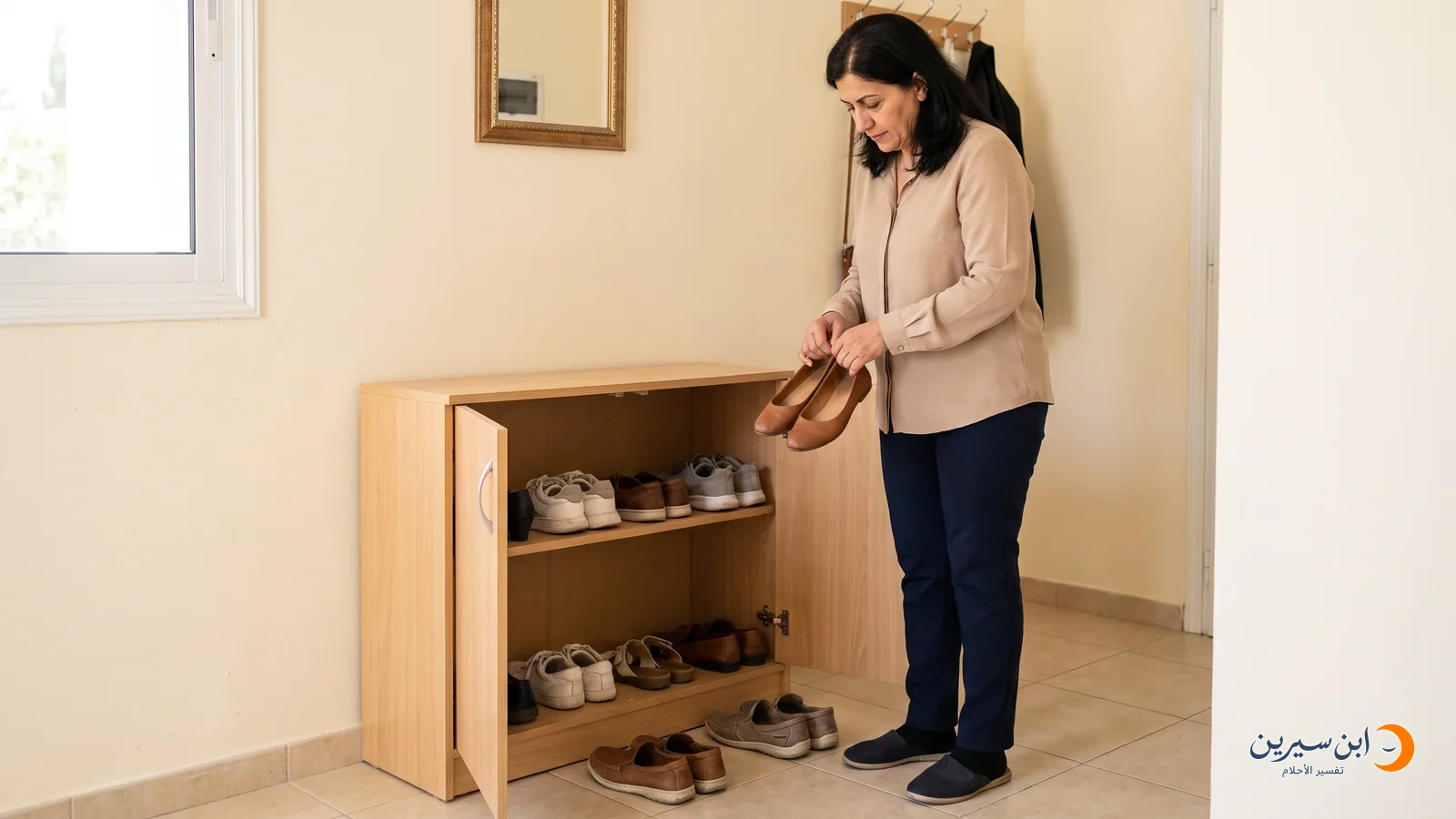 امرأة ترتب أزواجًا كثيرة من الأحذية في مدخل المنزل