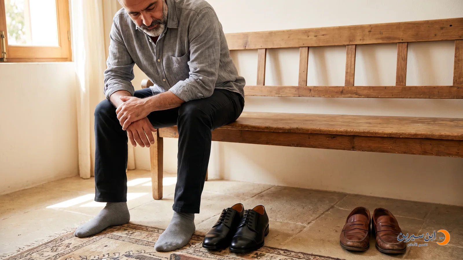رجل يستبدل حذاءً قديمًا بحذاء جديد عند مدخل المنزل