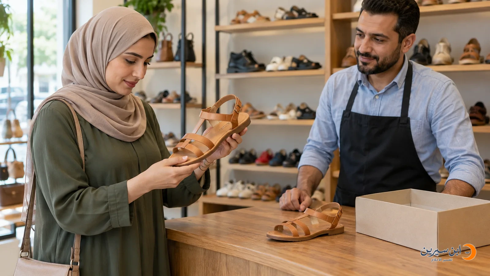 امرأة تشتري صندلًا جلديًا من بائع في متجر