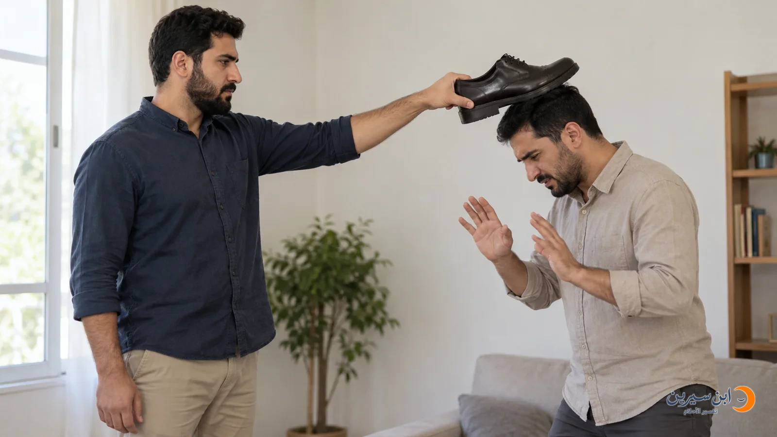 رجل يضرب رأس رجل آخر بنعل حذاء في مشهد تمثيلي دون إصابة