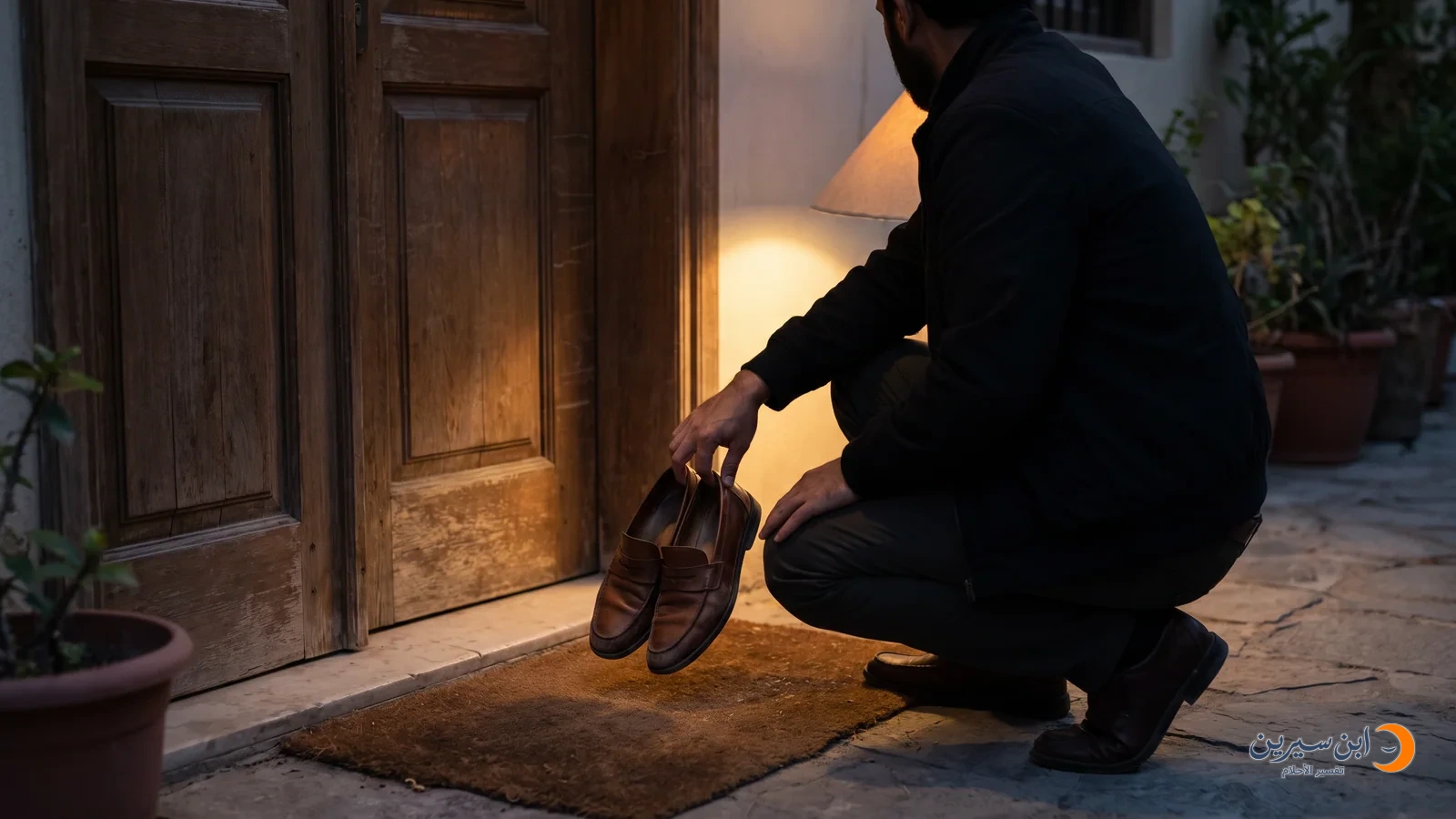 شخص يأخذ زوج أحذية من أمام باب منزل عند المساء