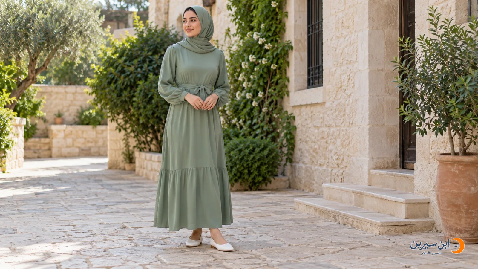 امرأة ترتدي زوج أحذية بيضاء في فناء مضاء طبيعيًا