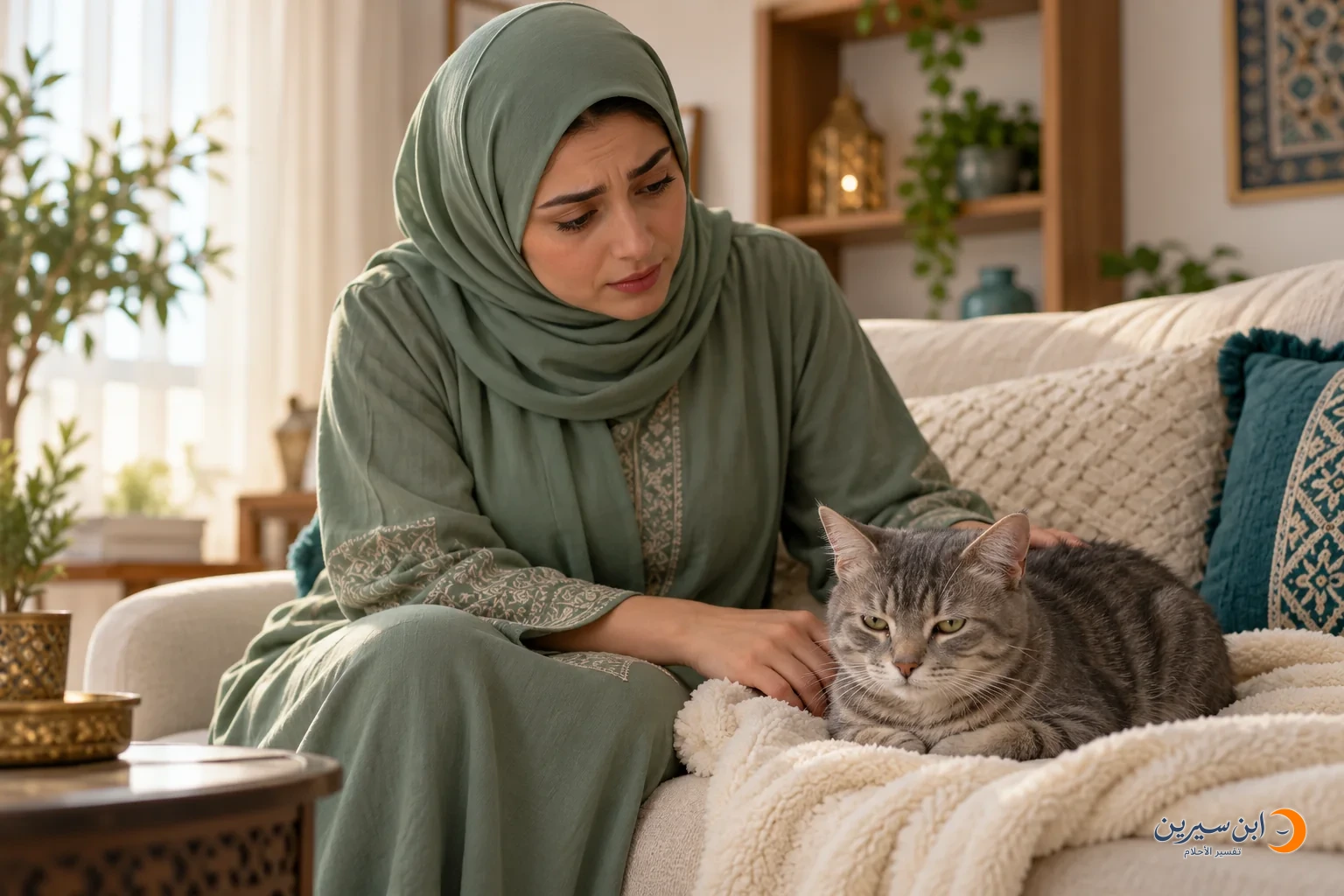 امرأة تجلس بجانب قطتها المتعبة المستيقظة على بطانية