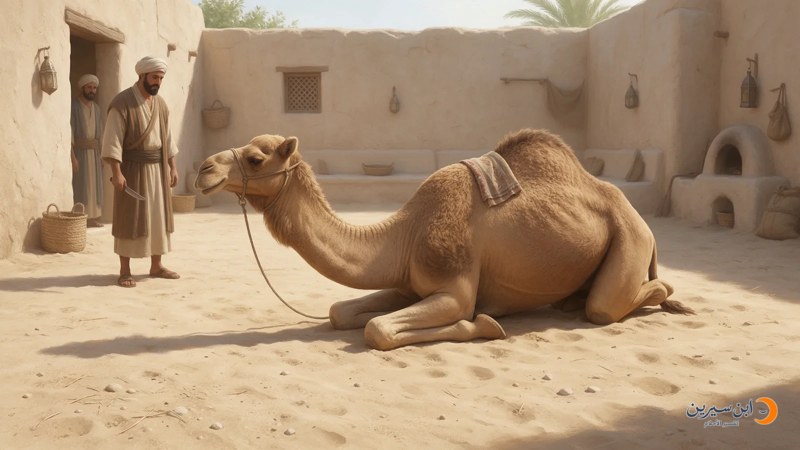 جمل بارك ورجل يقف إلى جانبه استعدادًا للنحر دون جرح ظاهر