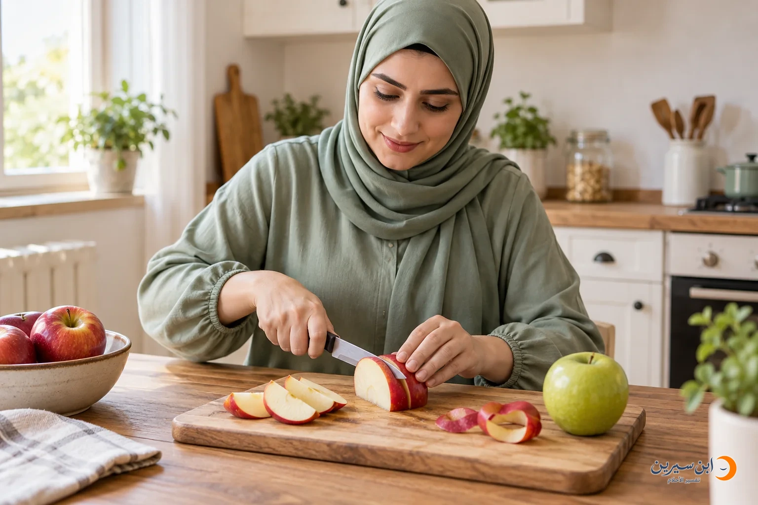 امرأة تقطع تفاحة حمراء بسكين على لوح خشبي وبجوارها تفاحة خضراء وقشر تفاح