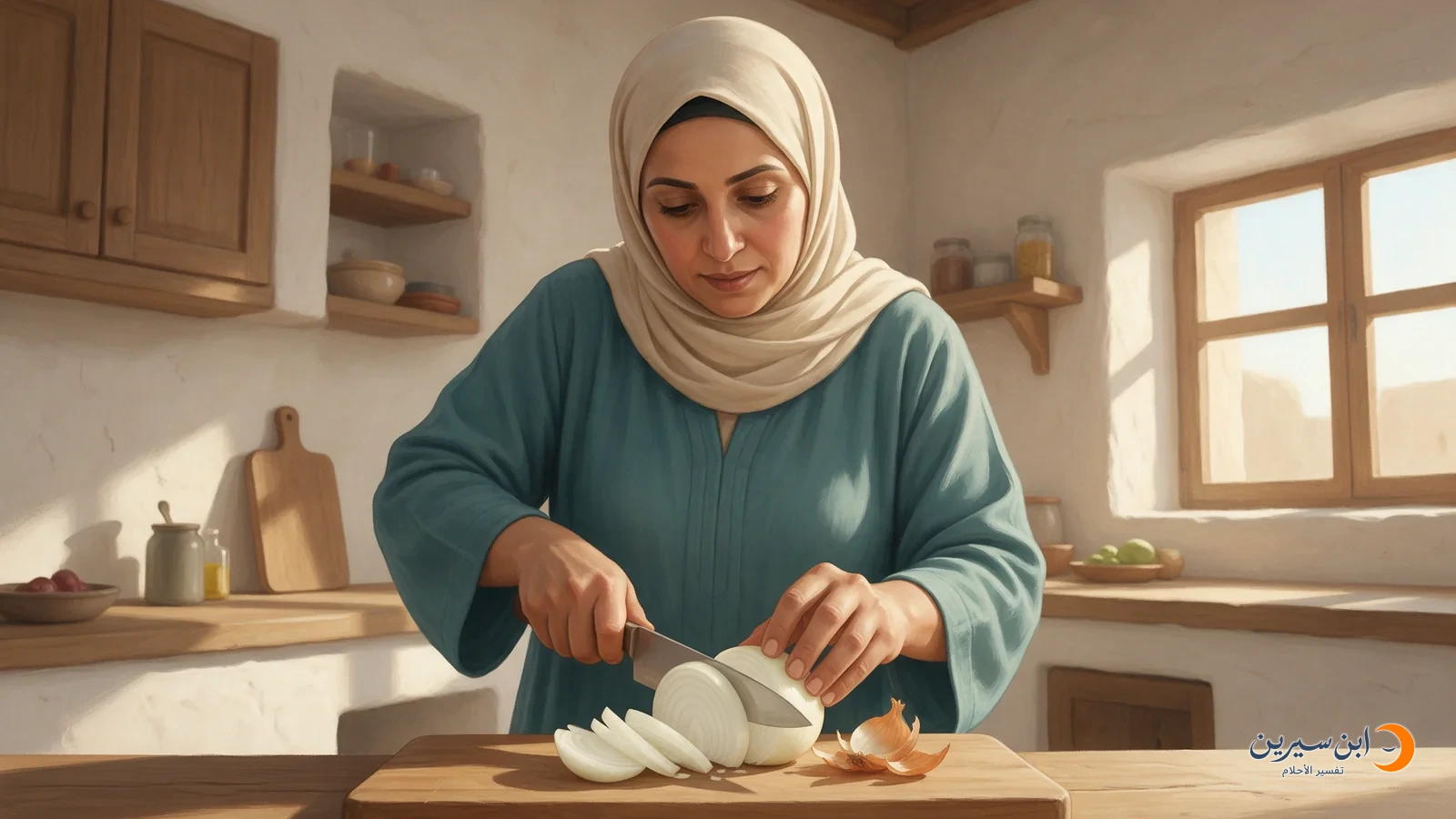 امرأة تقطع بصلة بيضاء إلى شرائح على لوح خشبي
