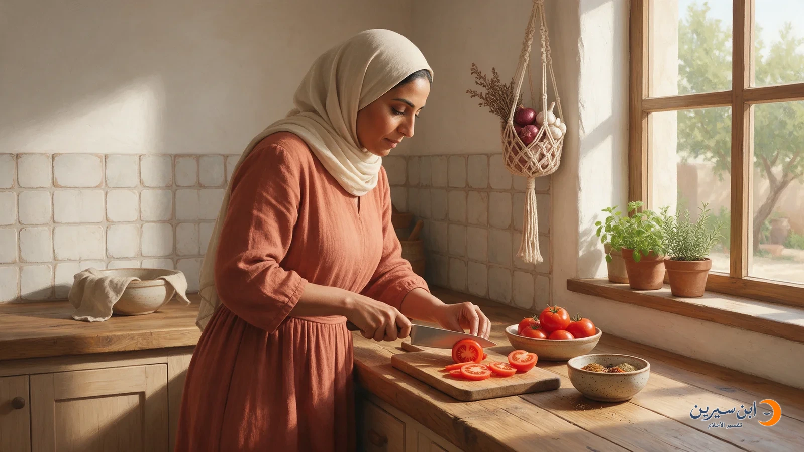 امرأة تقطع الطماطم بالسكين إلى شرائح على لوح خشبي