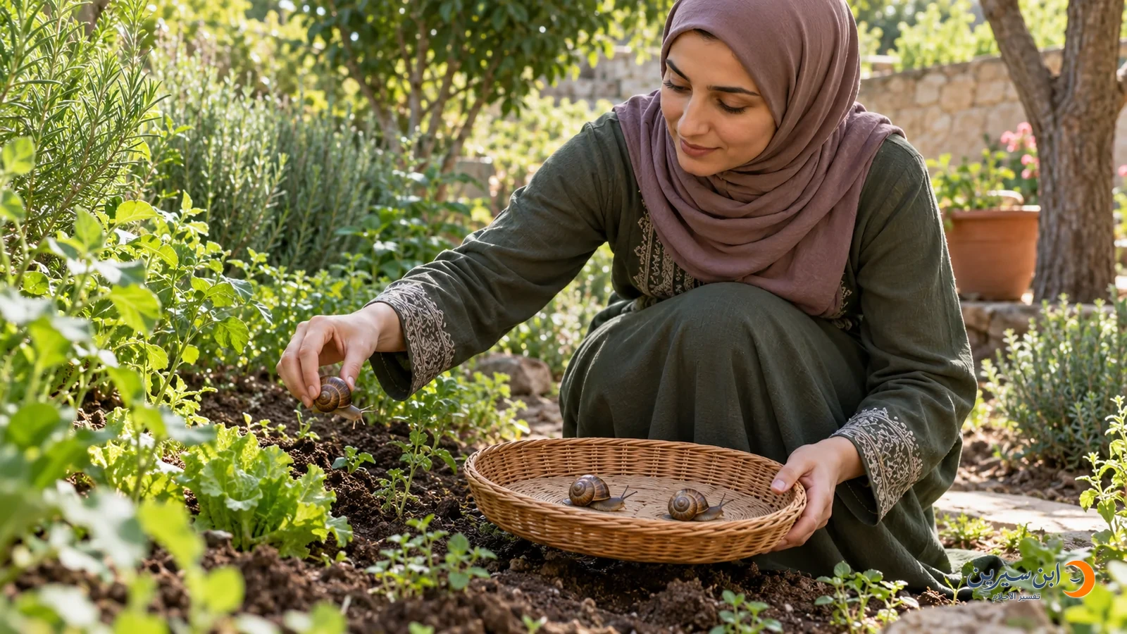 امرأة تجمع الحلزون من أرض حديقة في وعاء صغير