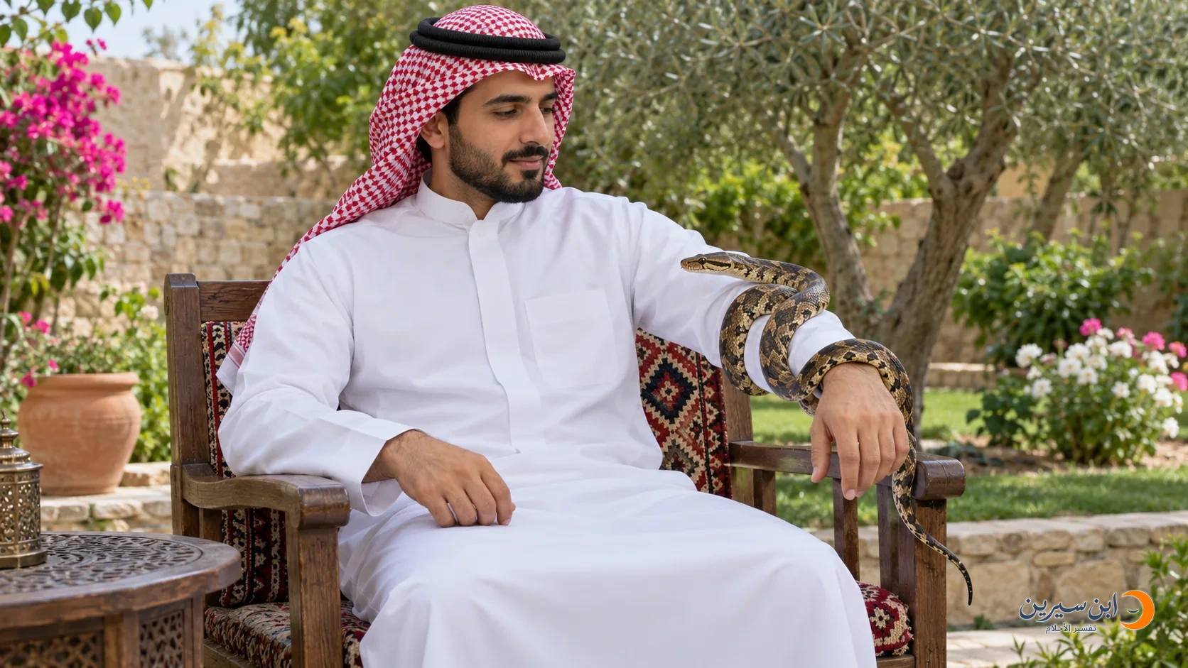 رجل وثعبان ملتف حول ساعده