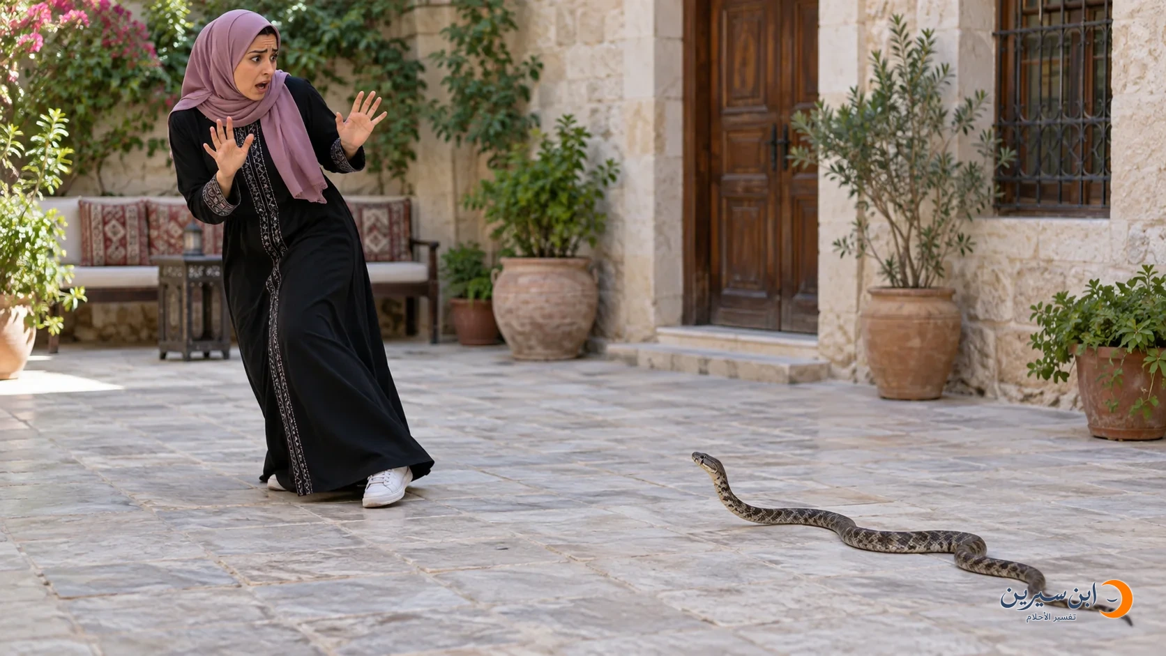 امرأة تتراجع أمام ثعبان يقترب منها