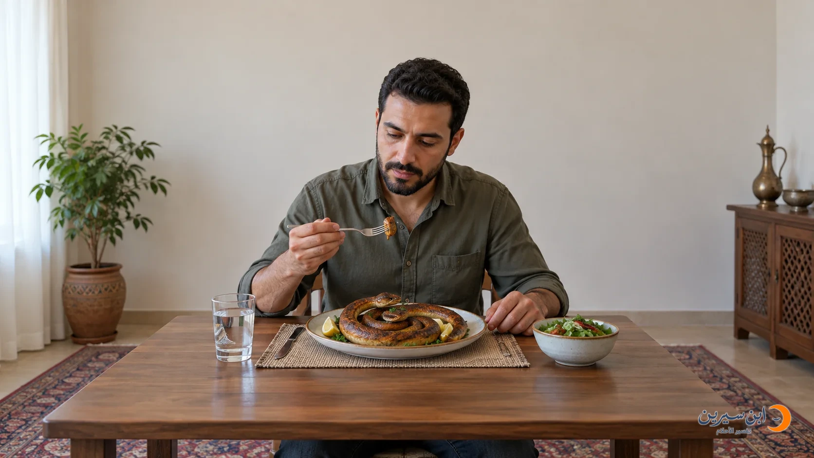 رجل أمام طبق ثعبان مطهو