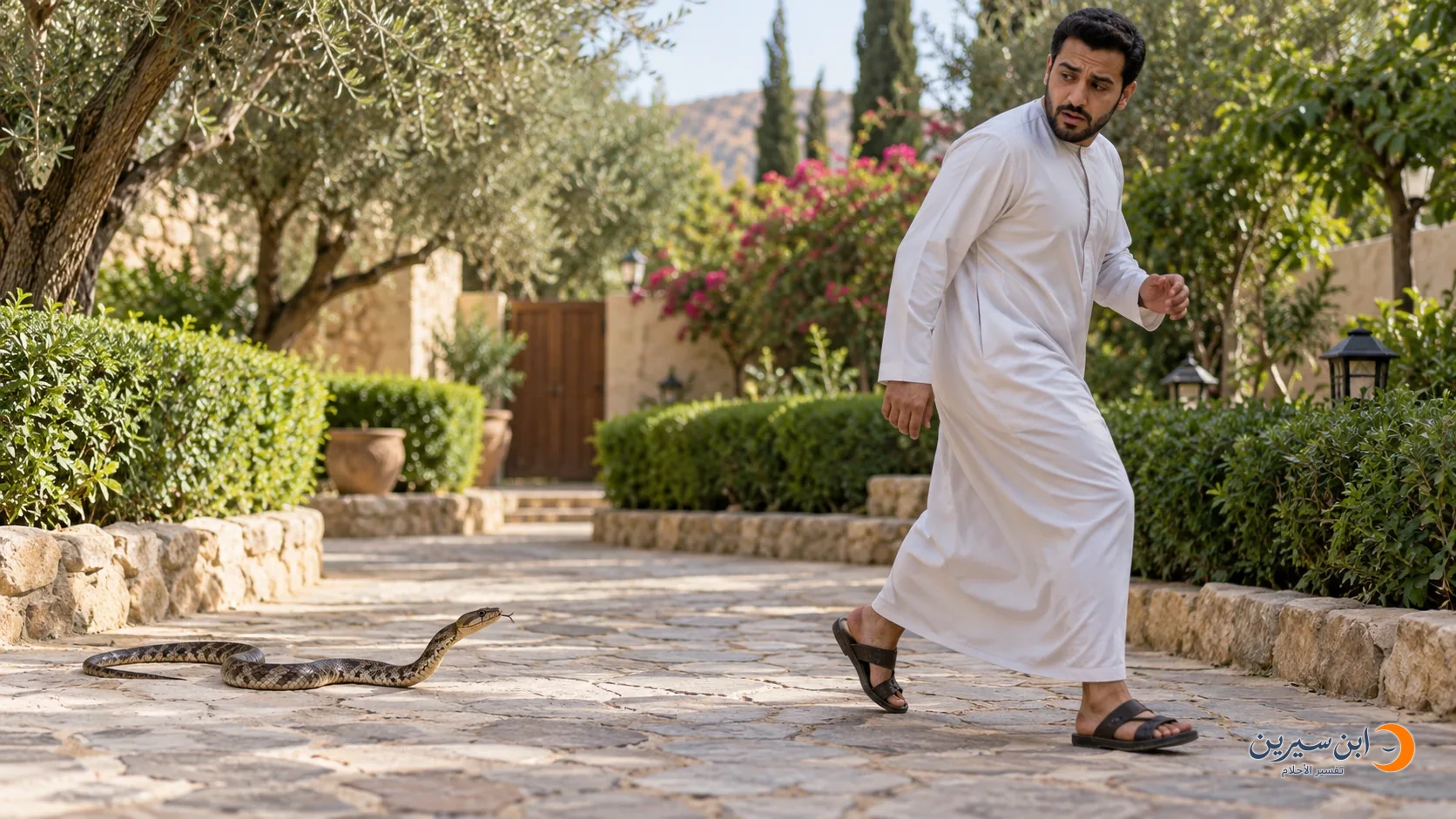رجل يبتعد عن ثعبان على طريق