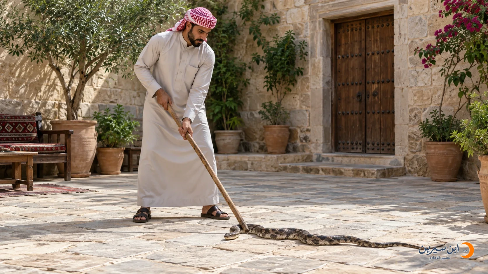 رجل بعصا أمام ثعبان ساكن