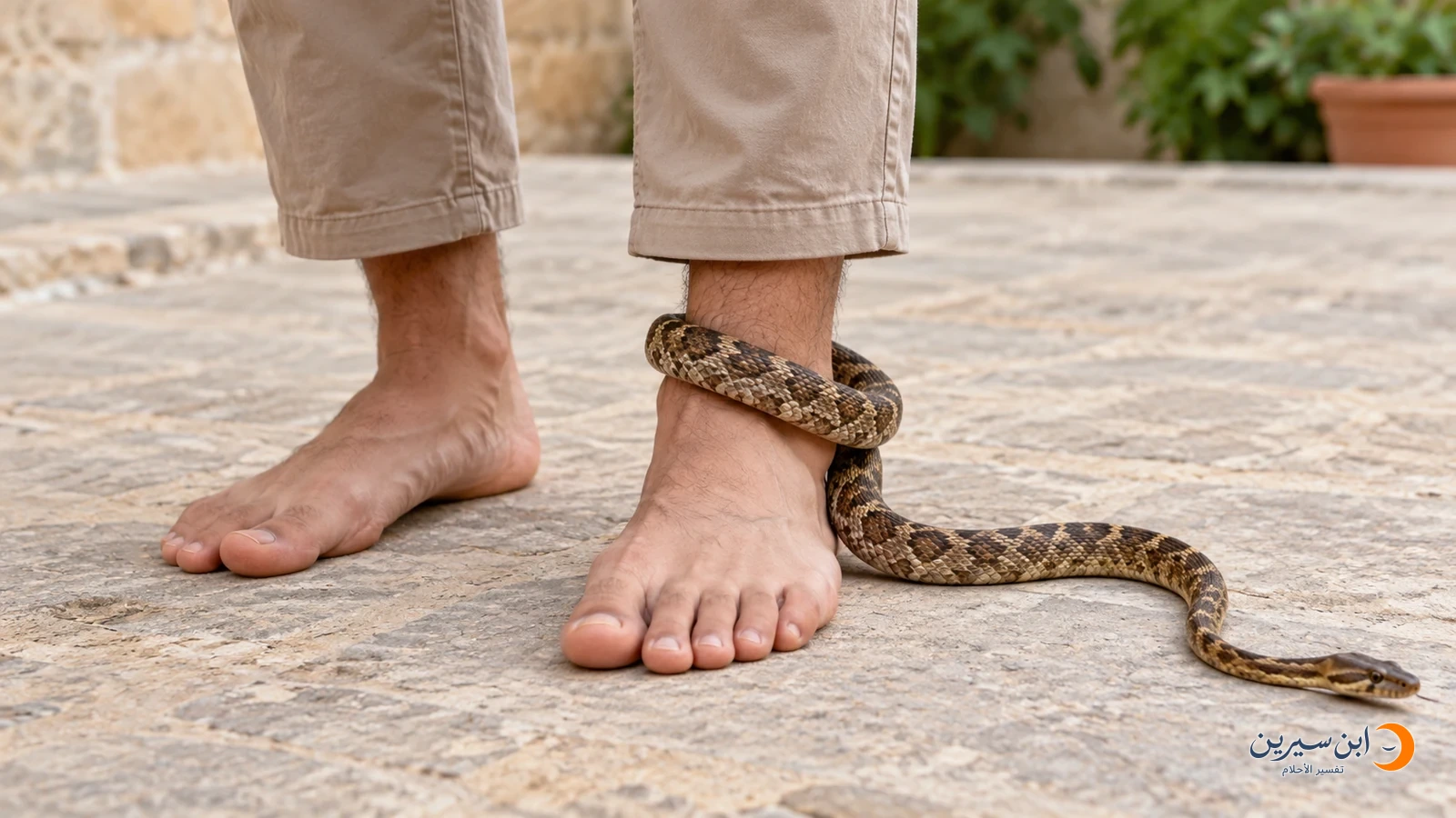 ثعبان ملتف حول كاحل رجل وجسمه ممتد على الأرض