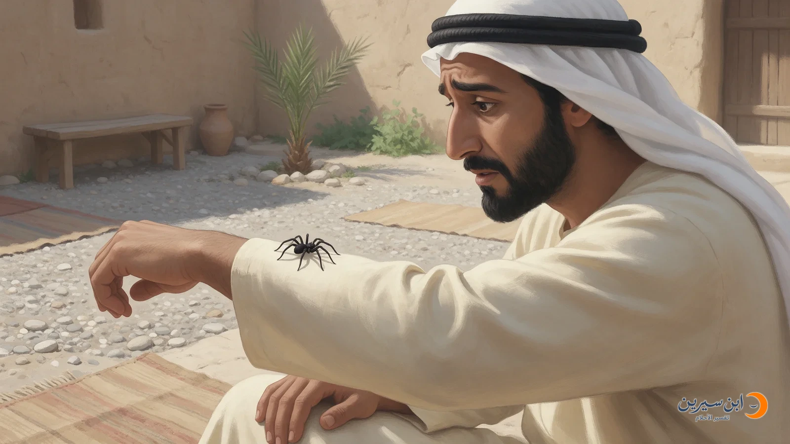 رجل ينظر إلى عنكبوت أسود على كم ثوبه